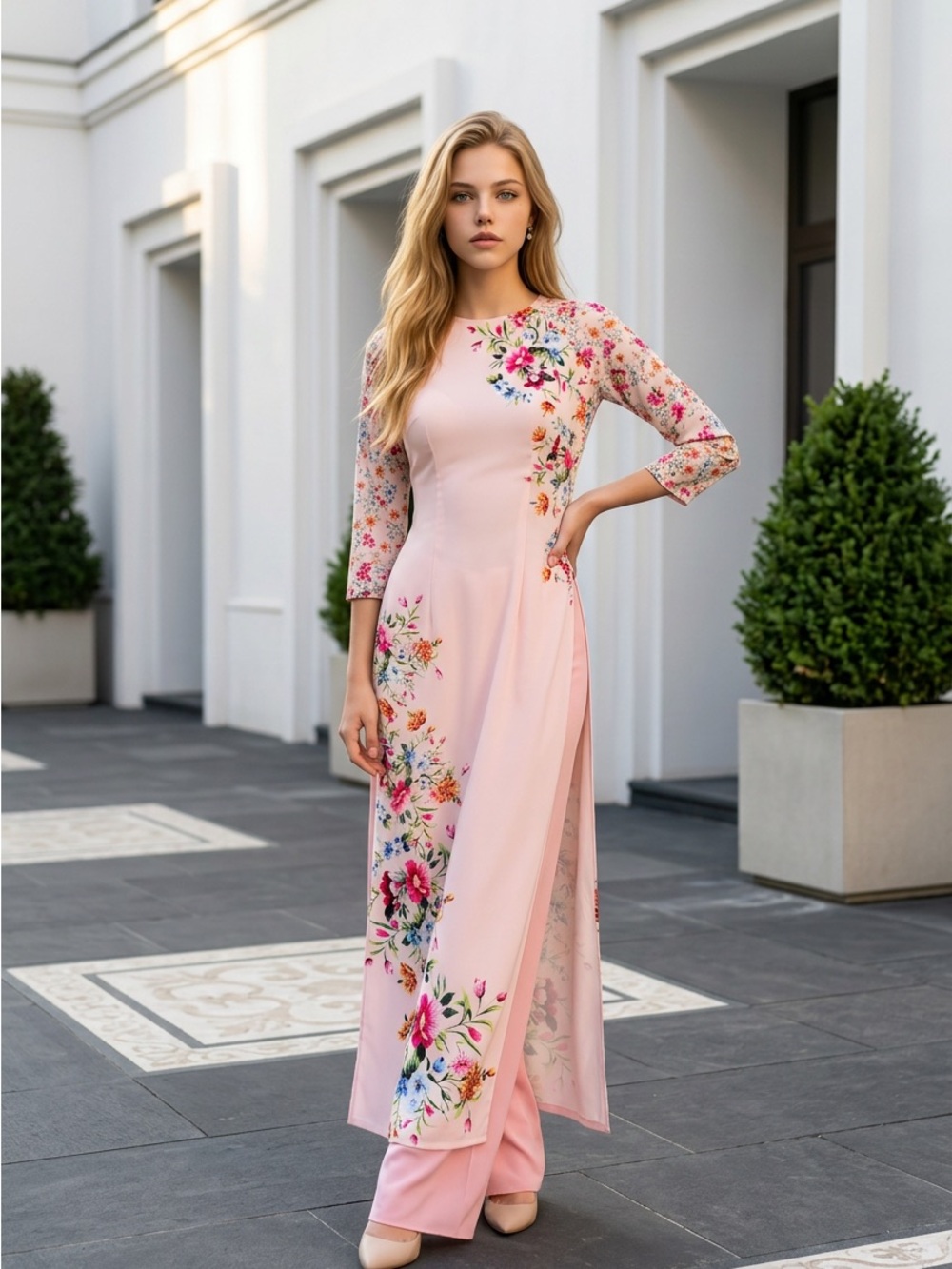 Elegant Blush Pink Floral Long-Sleeve Maxi Dress